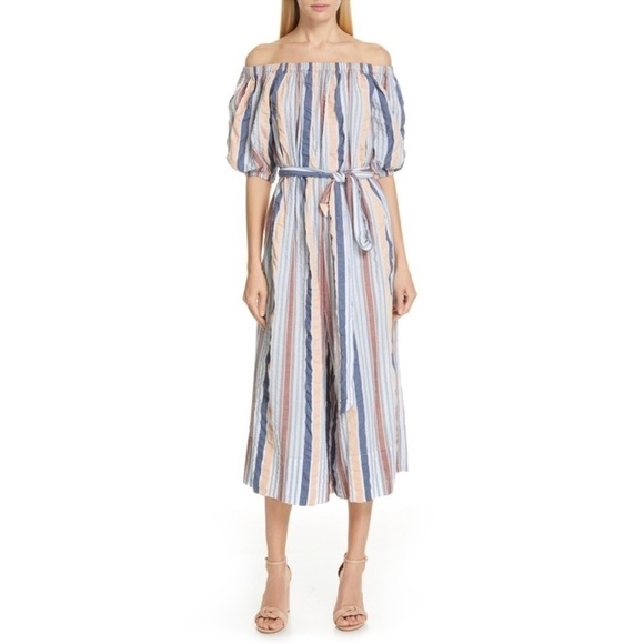 ULLA JOHNSON Elan Off The Shoulder Seersucker Jumpsuit in Sky - Picture 3 of 11